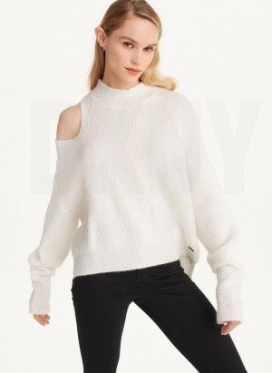 White DKNY Cold Shoulder Women's Sweaters | USA-D0650