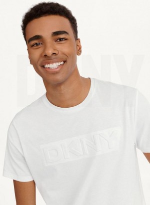 White DKNY Debossed Logo Men's T Shirts | USA-D0665