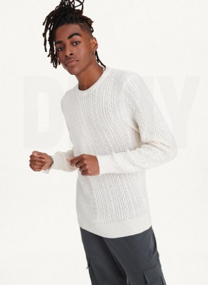 White DKNY Diagonal Cable Crew Men's Sweaters | USA-D0330