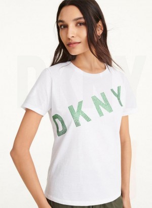 White DKNY Diagonal Rhinestone Logo Women's T Shirts | USA-D0683