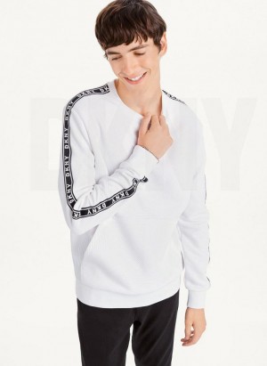 White DKNY Directional Quilting Crewneck Men's Sweatshirts | USA-D0849