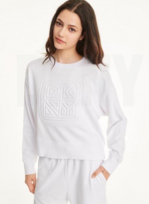 White DKNY Embossed Logo Crewneck Women's Sweatshirts | USA-D1680