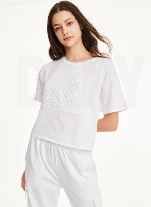 White DKNY Embossed Logo Jersey Women's T Shirts | USA-D0933