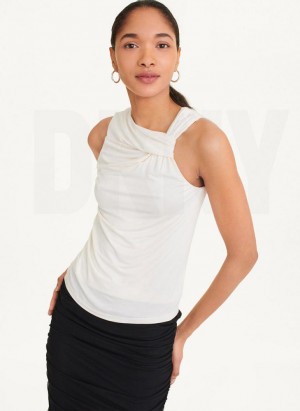 White DKNY Gathered Knit Women's Tank Tops | USA-D0663