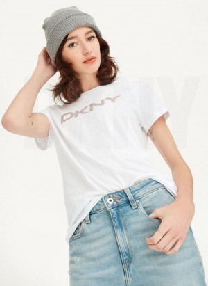 White DKNY Glitter Logo Women's T Shirts | USA-D0797