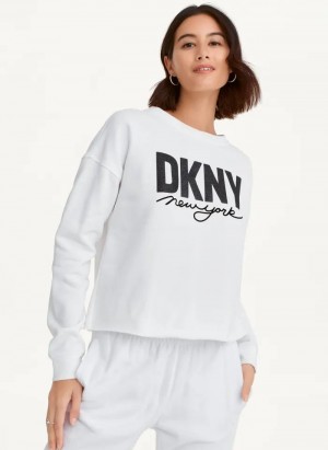 White DKNY Glitter Script Logo Cropped Raw Edge Women's Sweatshirts | USA-D1659