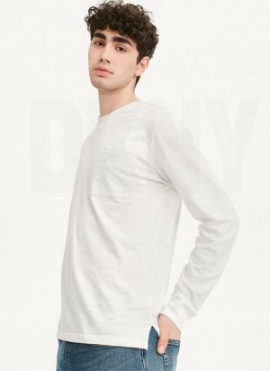 White DKNY Long Sleeve Crew Pocket Slub Jersey Men's T Shirts | USA-D0969