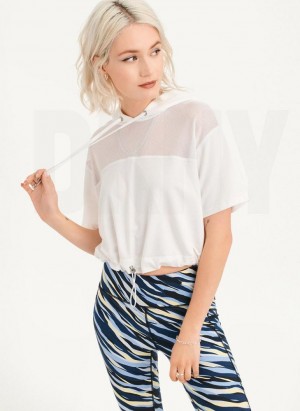 White DKNY Mesh Blocked Short Sleeve Women's Hoodies | USA-D1335