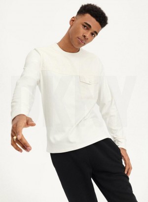 White DKNY Mixed Media Pocket Long Sleeve Knit Men's T Shirts | USA-D1047