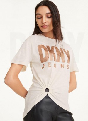 White DKNY O-Ring Logo Women's T Shirts | USA-D0746