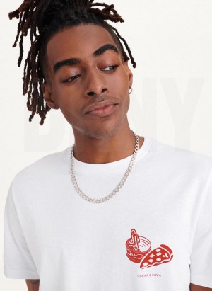 White DKNY Pizza And Caviar Men's T Shirts | USA-D1958