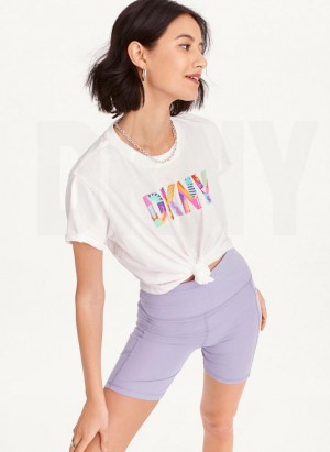 White DKNY Pride Logo Knot Front Women's T Shirts | USA-D0652