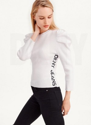 White DKNY Puff Sleeve Women's Sweaters | USA-D1493