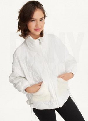 White DKNY Quilted With Sherpa Pockets Women's Coats | USA-D1106