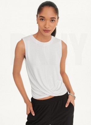 White DKNY Rib Twist Front Women's Tank Tops | USA-D0845