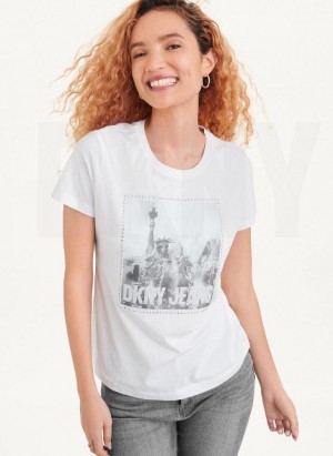 White DKNY Short Sleeve City Logo Women's T Shirts | USA-D0888