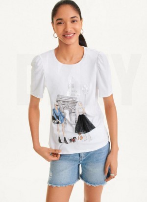 White DKNY Short Sleeve Conversational Women's T Shirts | USA-D1747