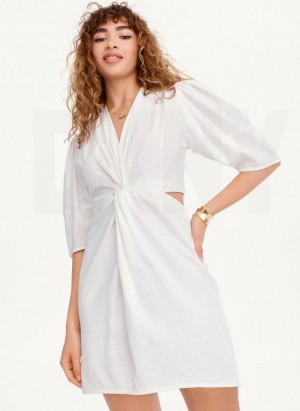 White DKNY Side Cut Linen Mini Women's Dresses | USA-D1954
