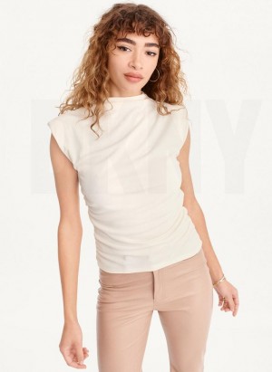 White DKNY Sleeveless Side Ruch Women's Tank Tops | USA-D0559