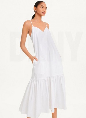 White DKNY Sleeveless V-Neck Poplin Women's Dresses | USA-D0756
