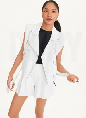 White DKNY Sleeveless Vegan Leather Moto Women's Jackets | USA-D1698
