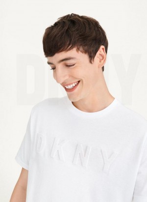 White DKNY Stamped Logo Men's T Shirts | USA-D1625