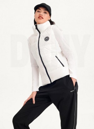 White DKNY Wet Token Logo Puffer Vest Women's Coats | USA-D1004