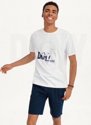 White DKNY Worn Shimmer Skull Men's T Shirts | USA-D1463