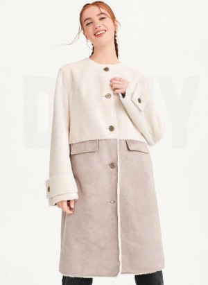 White / Brown DKNY Mixed Media Women's Coats | USA-D0463