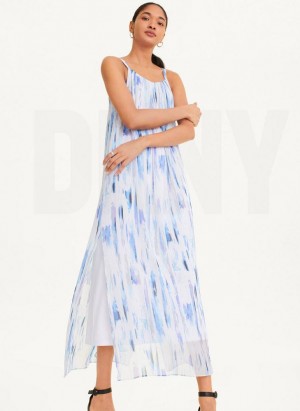 White / Multicolor DKNY Sleeveless Printed Chiffon Women's Dresses | USA-D1867