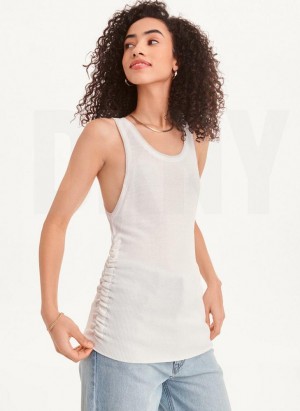 White / Silver DKNY Sleevless Lurex Trim Ruched Women's Sweaters | USA-D1556