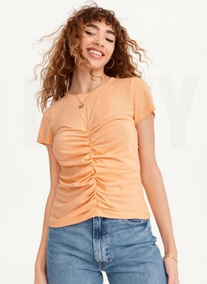 Yellow DKNY Ruched Front Crew Neck Women's T Shirts | USA-D1952