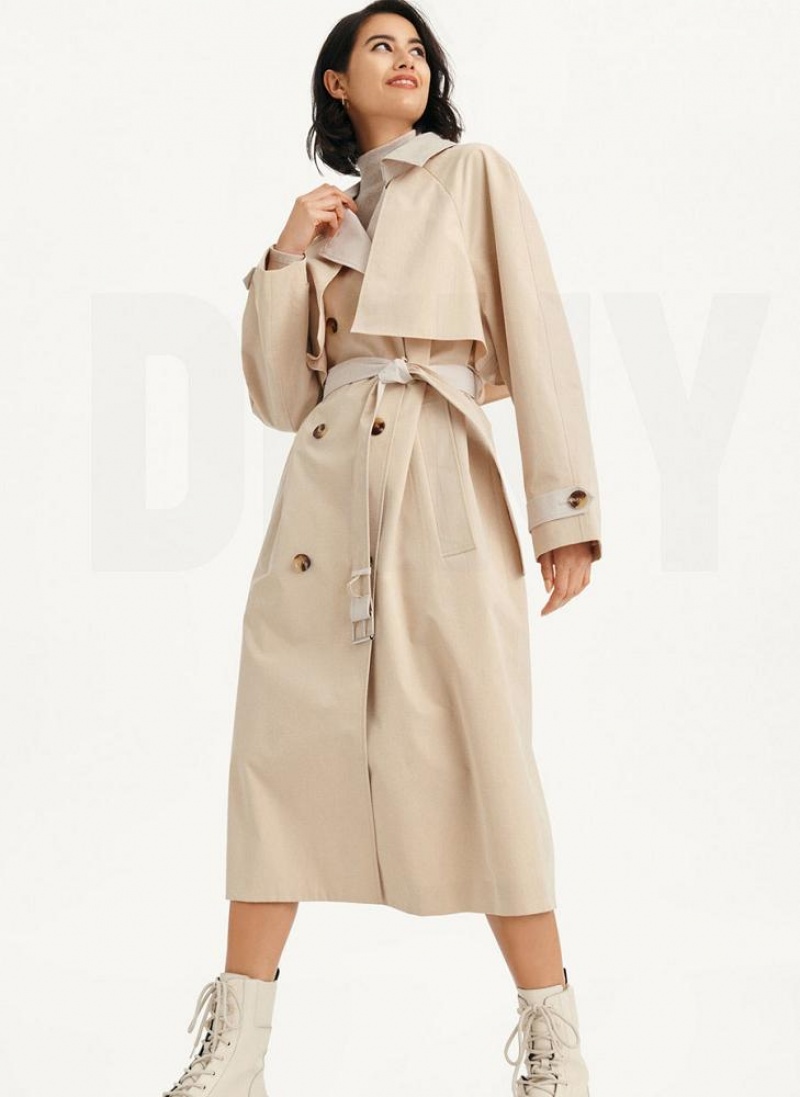 Beige DKNY Colorblocked Crinkle Trench Women's Jackets | USA-D1208