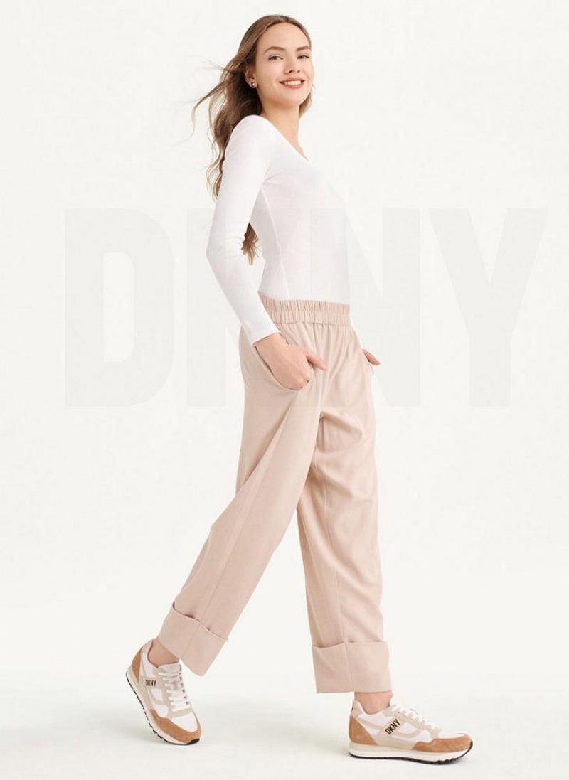 Beige DKNY Cropped Wide Leg Women's Pants | USA-D1291