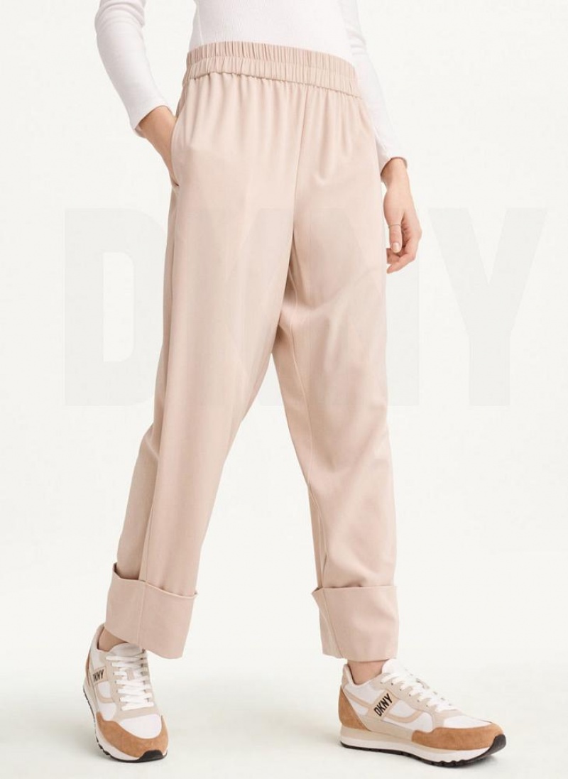 Beige DKNY Cropped Wide Leg Women's Pants | USA-D1291