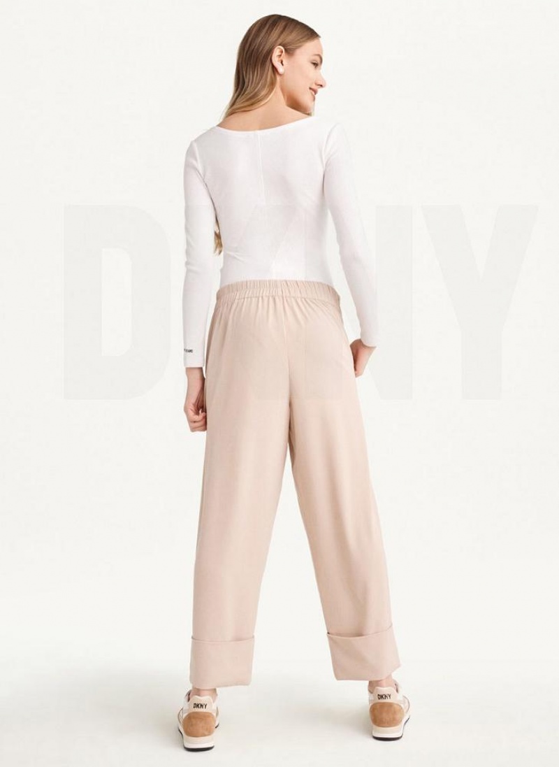 Beige DKNY Cropped Wide Leg Women's Pants | USA-D1291