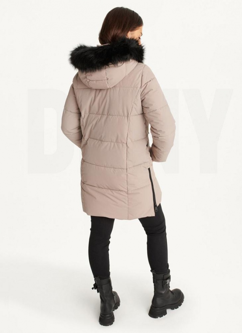Beige DKNY Double-Pocketed Faux-Fur Long Puffer Women's Coats | USA-D0789