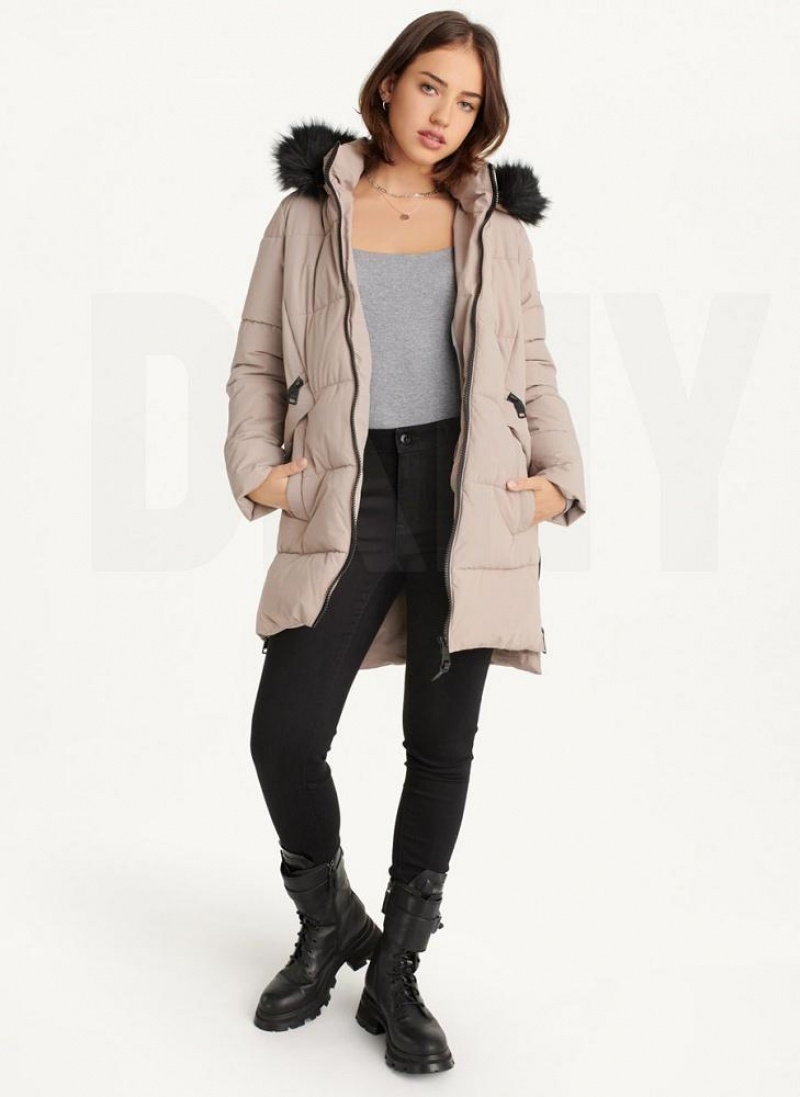 Beige DKNY Double-Pocketed Faux-Fur Long Puffer Women's Coats | USA-D0789
