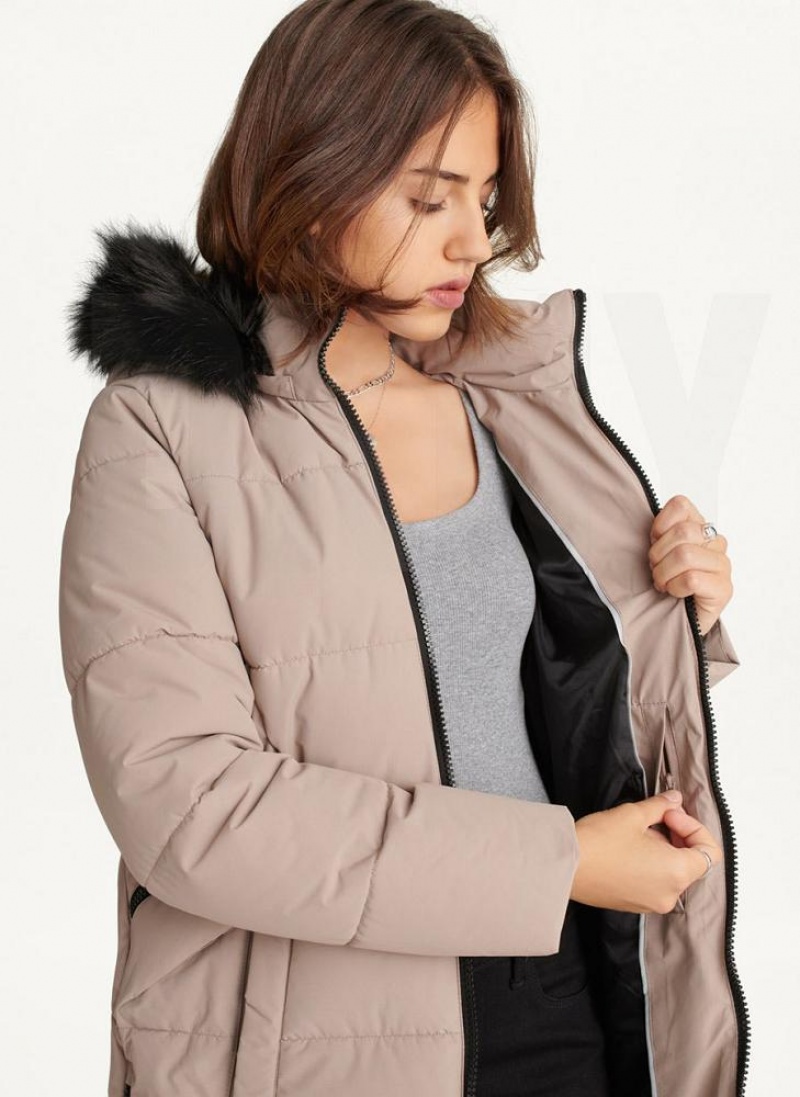 Beige DKNY Double-Pocketed Faux-Fur Long Puffer Women's Coats | USA-D0789