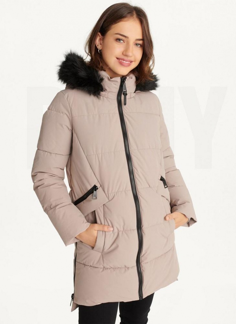 Beige DKNY Double-Pocketed Faux-Fur Long Puffer Women\'s Coats | USA-D0789
