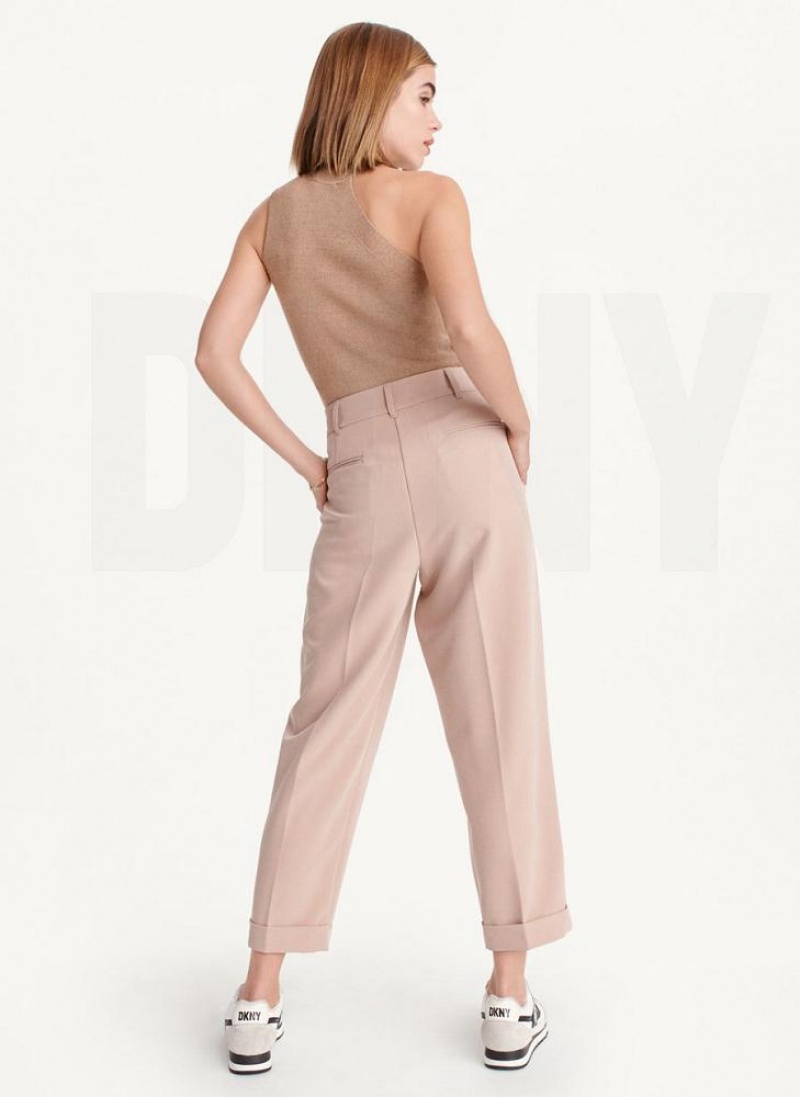 Beige DKNY High Rise Pleat Rolled Cuff Women's Pants | USA-D0682