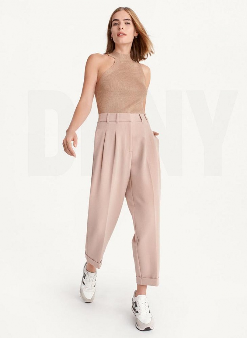 Beige DKNY High Rise Pleat Rolled Cuff Women's Pants | USA-D0682