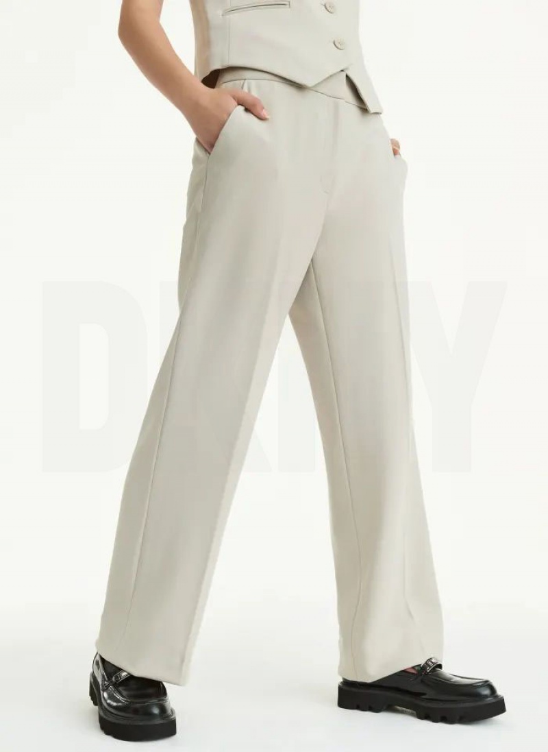 Beige DKNY High Waist Wide Leg Women\'s Pants | USA-D0458