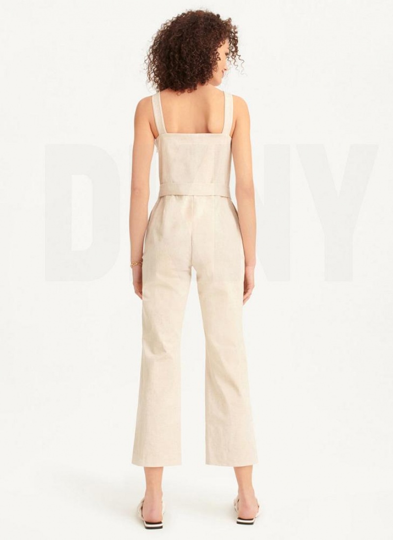 Beige DKNY Linen Belted Women's Jumpsuits | USA-D1749