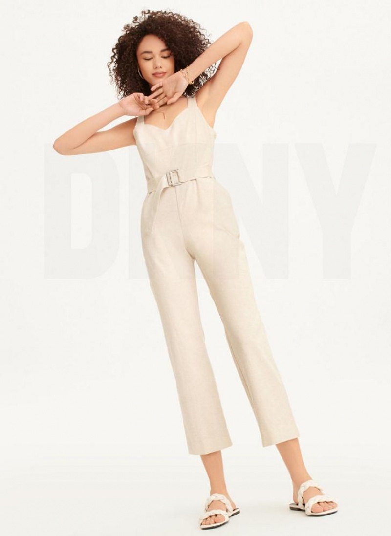 Beige DKNY Linen Belted Women's Jumpsuits | USA-D1749