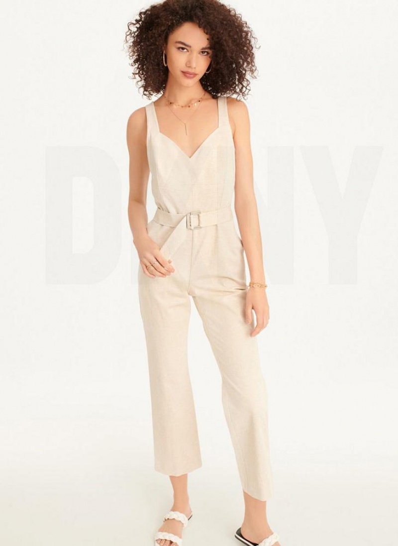 Beige DKNY Linen Belted Women's Jumpsuits | USA-D1749
