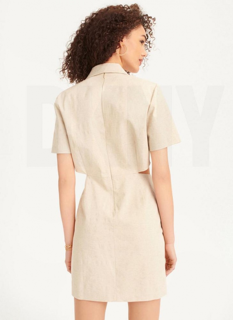 Beige DKNY Linen Cut Out Women's Dresses | USA-D0659