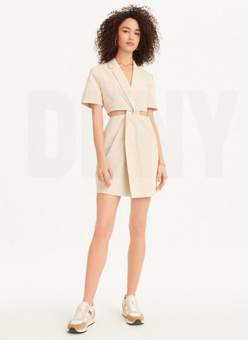 Beige DKNY Linen Cut Out Women's Dresses | USA-D0659
