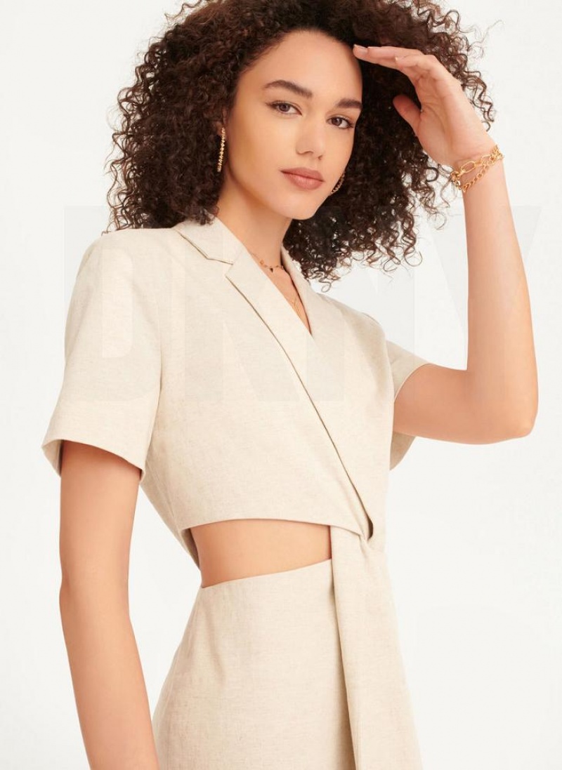 Beige DKNY Linen Cut Out Women's Dresses | USA-D0659