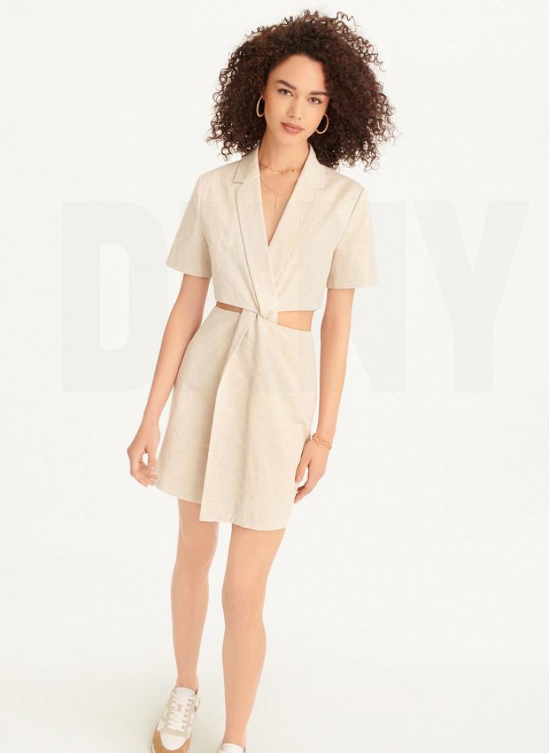 Beige DKNY Linen Cut Out Women\'s Dresses | USA-D0659